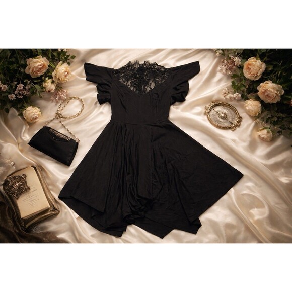 Scarlet Darkness Dresses & Skirts - Whimsigoth Gothic Lace Handkerchief Hem Dress Witchy Dark Academia Flutter Goth